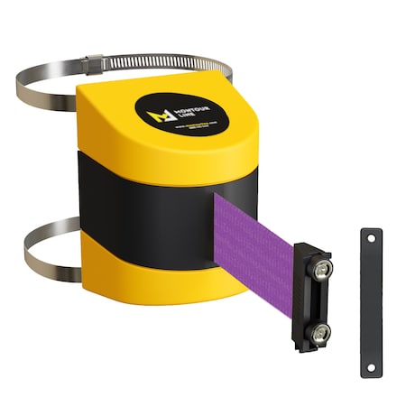 Montour Line Retractable Belt Barrier YW Clamped Wall Mount, 15' Purple Belt (M) PWM200-YW-PE-C-M-150